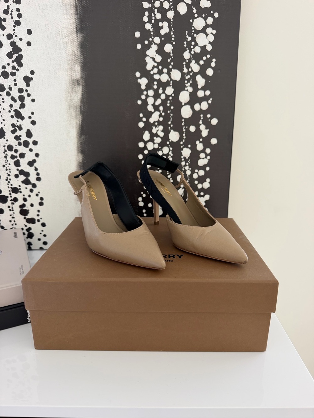 Burberry Beige Pointed-Toe Slingback Heels with Black Strap